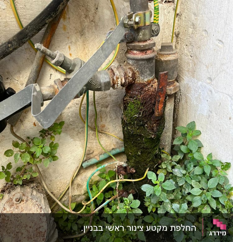 צינור חלוד עם חיבורים וכלים ליד קיר